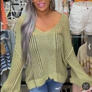 POL Lightweight V-neck olive green knit sweater NWT. Small.